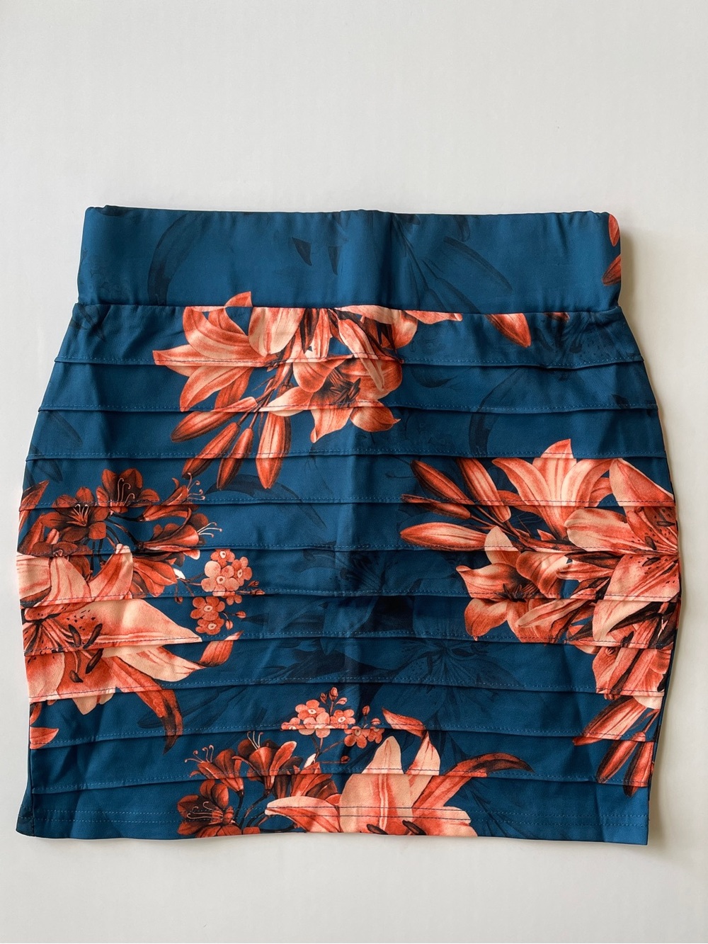 Floral Tiered Mini Skirt Teal Blue Coral Lily Print Size Medium